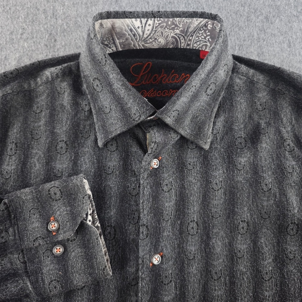Luciano Visconti Button Down Shirt Mens Medium Charcoal Grey Long Sleeve Paisley
